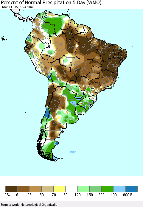 South America Percent of Normal Precipitation 5-Day (WMO) Thematic Map For 11/11/2023 - 11/15/2023