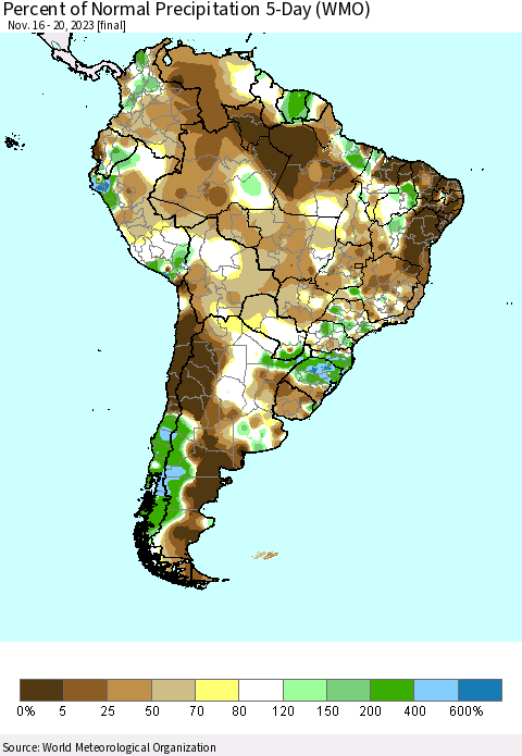 South America Percent of Normal Precipitation 5-Day (WMO) Thematic Map For 11/16/2023 - 11/20/2023