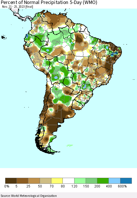 South America Percent of Normal Precipitation 5-Day (WMO) Thematic Map For 11/21/2023 - 11/25/2023