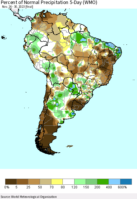 South America Percent of Normal Precipitation 5-Day (WMO) Thematic Map For 11/26/2023 - 11/30/2023