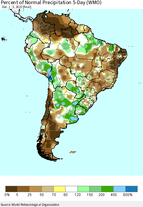 South America Percent of Normal Precipitation 5-Day (WMO) Thematic Map For 12/1/2023 - 12/5/2023