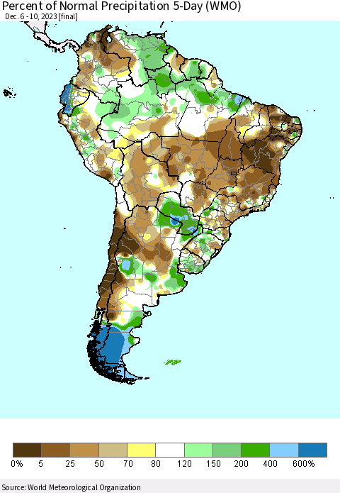 South America Percent of Normal Precipitation 5-Day (WMO) Thematic Map For 12/6/2023 - 12/10/2023