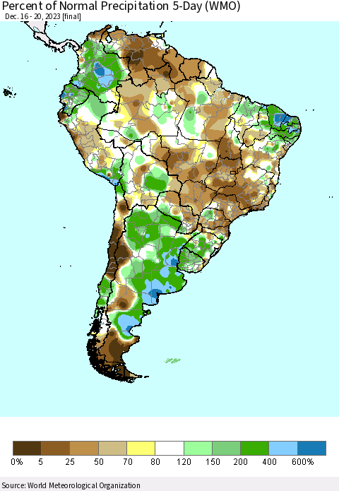 South America Percent of Normal Precipitation 5-Day (WMO) Thematic Map For 12/16/2023 - 12/20/2023
