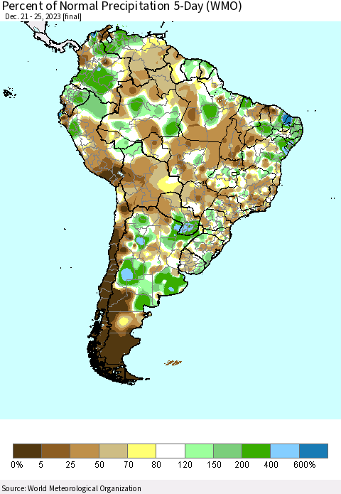 South America Percent of Normal Precipitation 5-Day (WMO) Thematic Map For 12/21/2023 - 12/25/2023