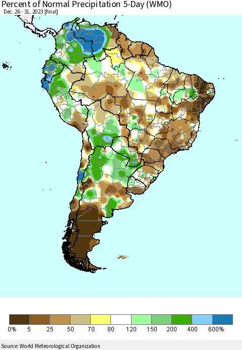 South America Percent of Normal Precipitation 5-Day (WMO) Thematic Map For 12/26/2023 - 12/31/2023