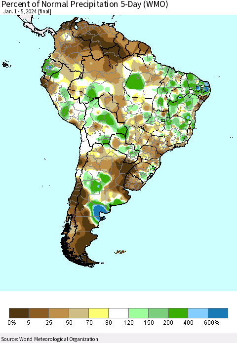 South America Percent of Normal Precipitation 5-Day (WMO) Thematic Map For 1/1/2024 - 1/5/2024
