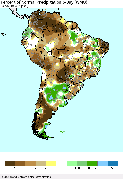 South America Percent of Normal Precipitation 5-Day (WMO) Thematic Map For 1/6/2024 - 1/10/2024