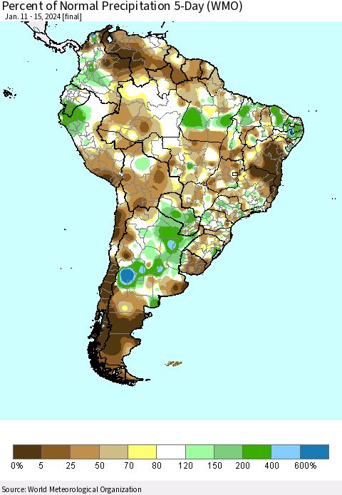 South America Percent of Normal Precipitation 5-Day (WMO) Thematic Map For 1/11/2024 - 1/15/2024