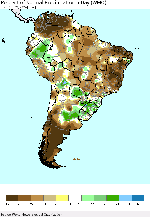 South America Percent of Normal Precipitation 5-Day (WMO) Thematic Map For 1/16/2024 - 1/20/2024