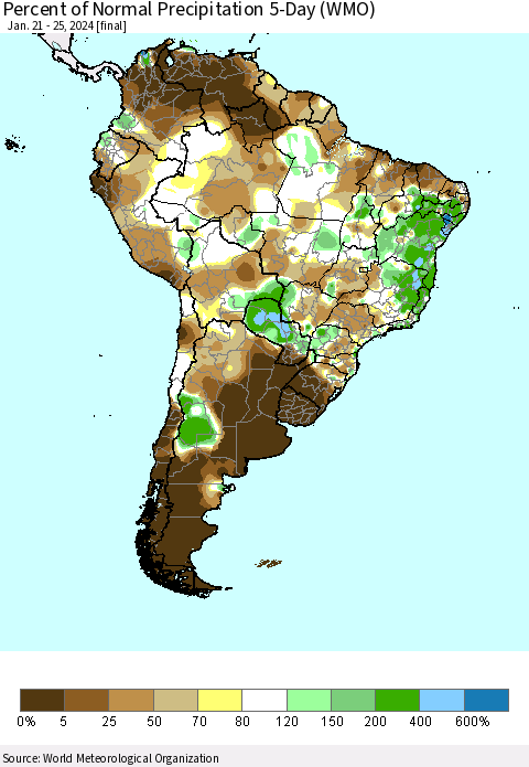 South America Percent of Normal Precipitation 5-Day (WMO) Thematic Map For 1/21/2024 - 1/25/2024