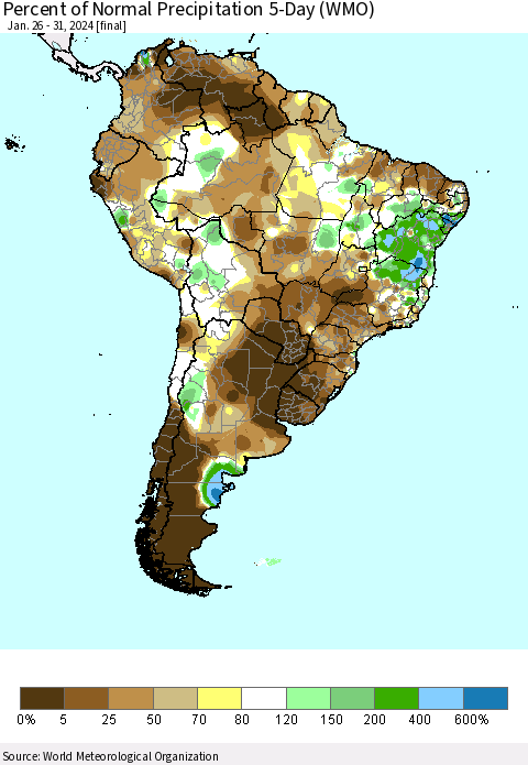 South America Percent of Normal Precipitation 5-Day (WMO) Thematic Map For 1/26/2024 - 1/31/2024