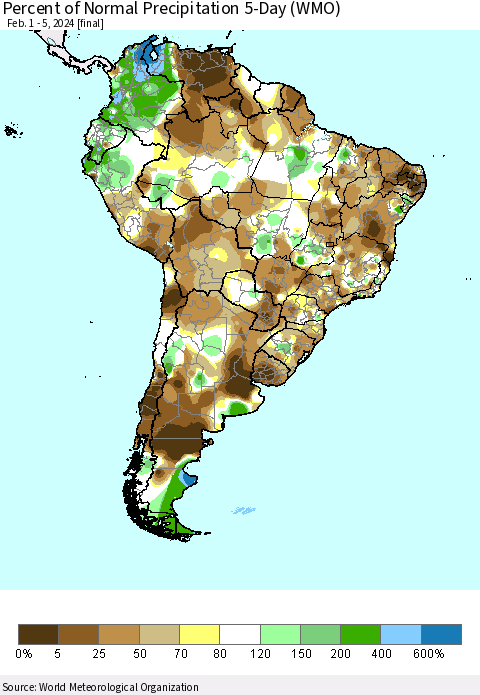 South America Percent of Normal Precipitation 5-Day (WMO) Thematic Map For 2/1/2024 - 2/5/2024