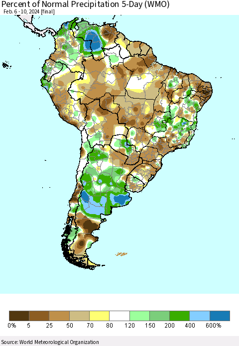 South America Percent of Normal Precipitation 5-Day (WMO) Thematic Map For 2/6/2024 - 2/10/2024