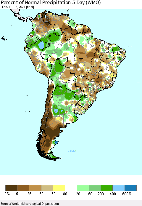 South America Percent of Normal Precipitation 5-Day (WMO) Thematic Map For 2/11/2024 - 2/15/2024