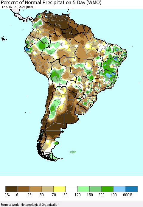 South America Percent of Normal Precipitation 5-Day (WMO) Thematic Map For 2/16/2024 - 2/20/2024