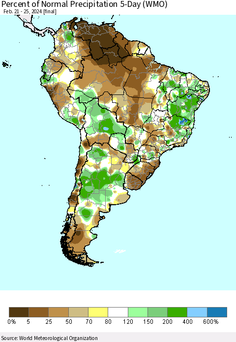 South America Percent of Normal Precipitation 5-Day (WMO) Thematic Map For 2/21/2024 - 2/25/2024