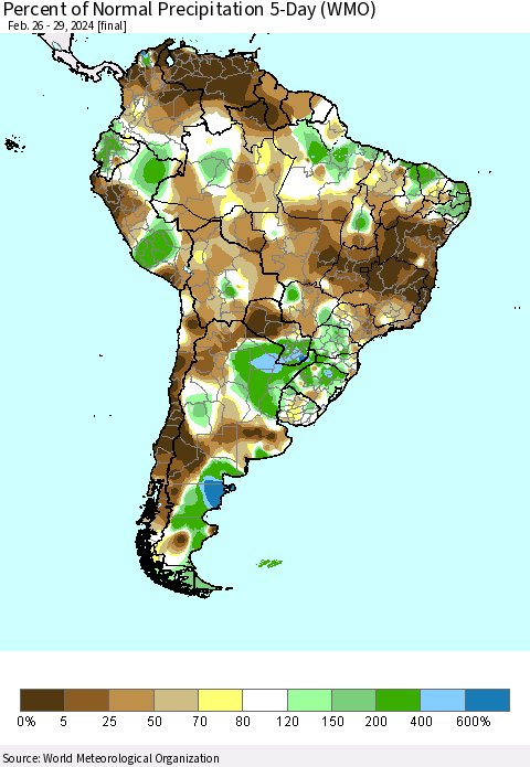 South America Percent of Normal Precipitation 5-Day (WMO) Thematic Map For 2/26/2024 - 2/29/2024