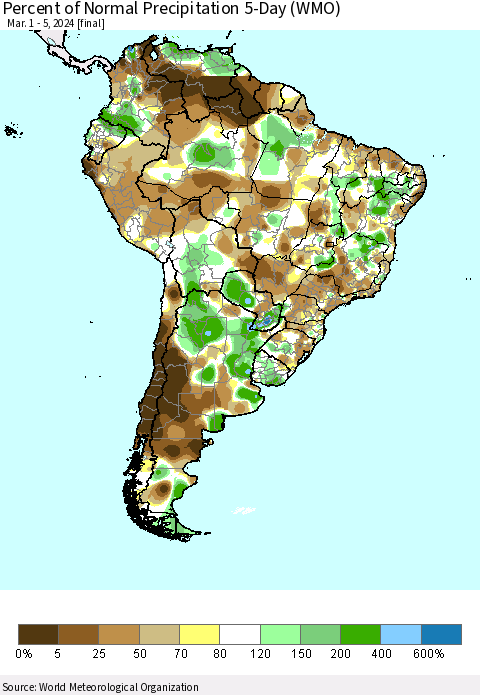 South America Percent of Normal Precipitation 5-Day (WMO) Thematic Map For 3/1/2024 - 3/5/2024