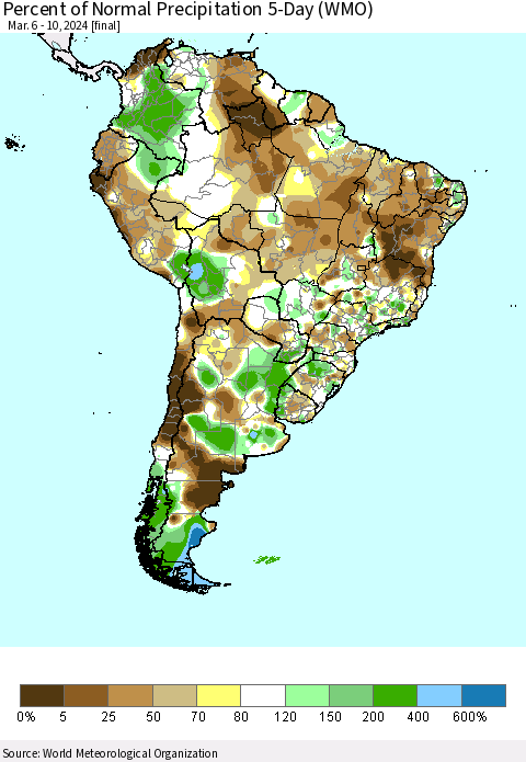 South America Percent of Normal Precipitation 5-Day (WMO) Thematic Map For 3/6/2024 - 3/10/2024