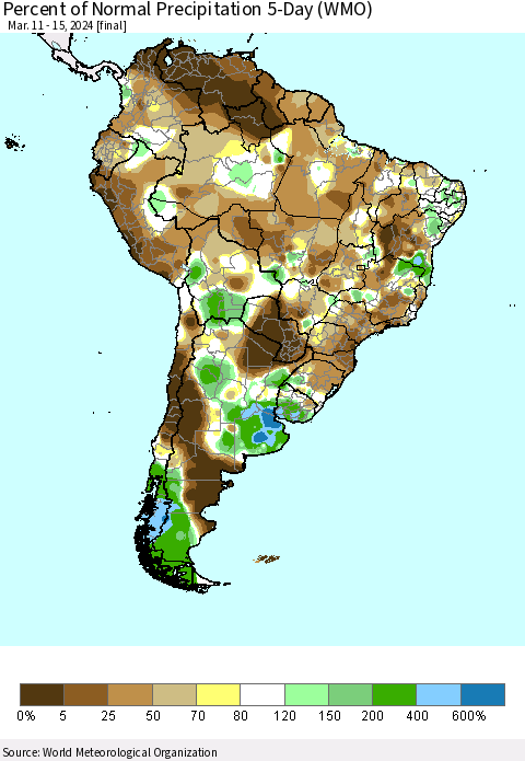South America Percent of Normal Precipitation 5-Day (WMO) Thematic Map For 3/11/2024 - 3/15/2024