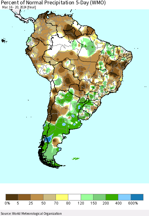 South America Percent of Normal Precipitation 5-Day (WMO) Thematic Map For 3/16/2024 - 3/20/2024