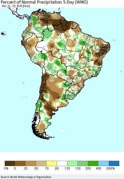 South America Percent of Normal Precipitation 5-Day (WMO) Thematic Map For 3/21/2024 - 3/25/2024