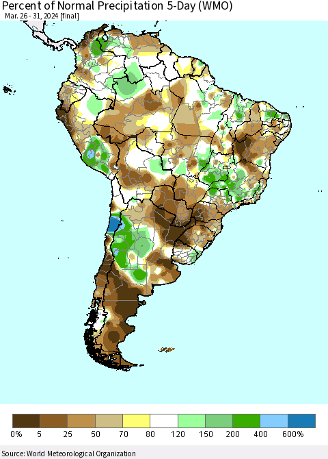 South America Percent of Normal Precipitation 5-Day (WMO) Thematic Map For 3/26/2024 - 3/31/2024