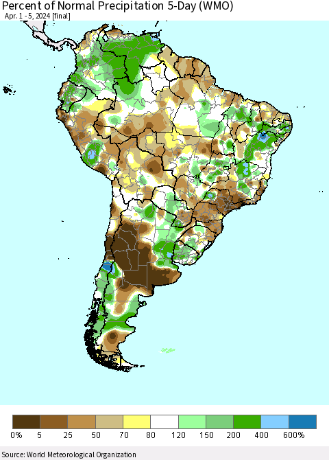 South America Percent of Normal Precipitation 5-Day (WMO) Thematic Map For 4/1/2024 - 4/5/2024
