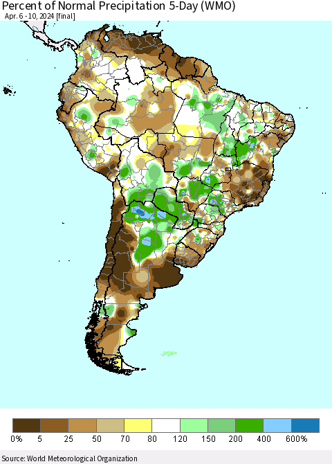 South America Percent of Normal Precipitation 5-Day (WMO) Thematic Map For 4/6/2024 - 4/10/2024