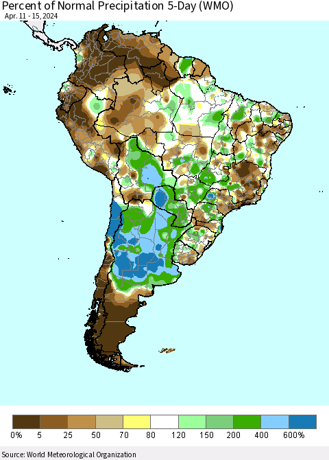 South America Percent of Normal Precipitation 5-Day (WMO) Thematic Map For 4/11/2024 - 4/15/2024