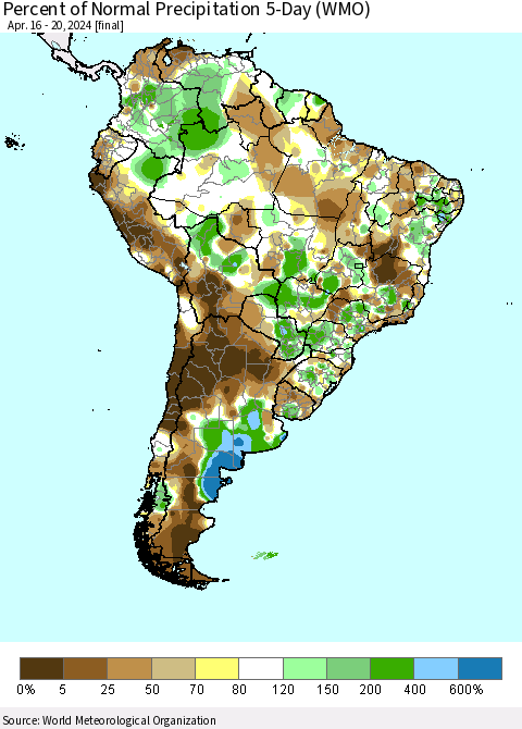 South America Percent of Normal Precipitation 5-Day (WMO) Thematic Map For 4/16/2024 - 4/20/2024