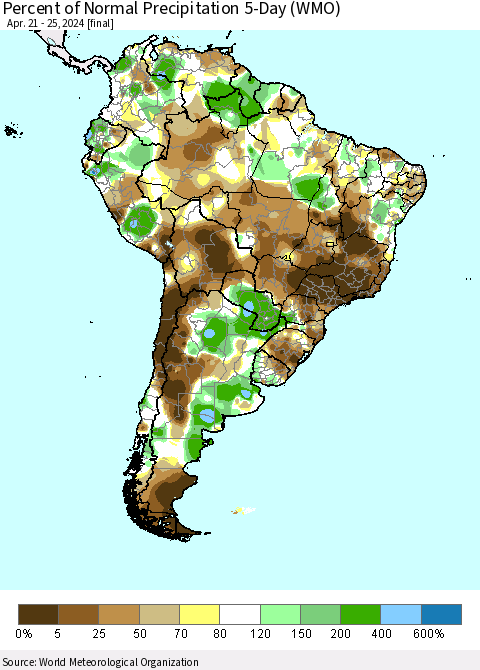 South America Percent of Normal Precipitation 5-Day (WMO) Thematic Map For 4/21/2024 - 4/25/2024