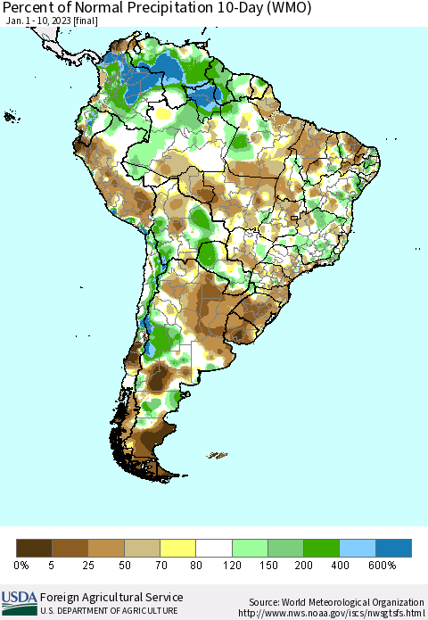 South America Percent of Normal Precipitation 10-Day (WMO) Thematic Map For 1/1/2023 - 1/10/2023