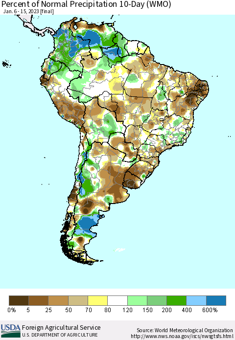 South America Percent of Normal Precipitation 10-Day (WMO) Thematic Map For 1/6/2023 - 1/15/2023