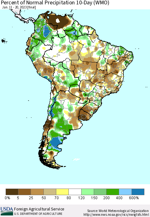 South America Percent of Normal Precipitation 10-Day (WMO) Thematic Map For 1/11/2023 - 1/20/2023