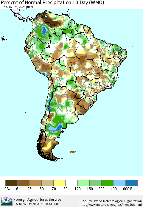 South America Percent of Normal Precipitation 10-Day (WMO) Thematic Map For 1/16/2023 - 1/25/2023