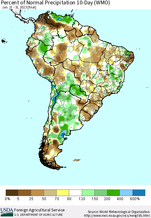 South America Percent of Normal Precipitation 10-Day (WMO) Thematic Map For 1/21/2023 - 1/31/2023