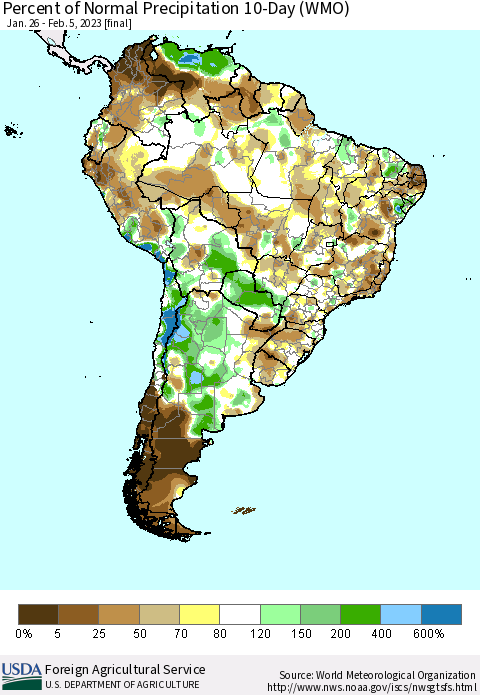 South America Percent of Normal Precipitation 10-Day (WMO) Thematic Map For 1/26/2023 - 2/5/2023