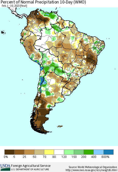 South America Percent of Normal Precipitation 10-Day (WMO) Thematic Map For 2/1/2023 - 2/10/2023