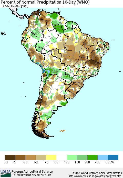 South America Percent of Normal Precipitation 10-Day (WMO) Thematic Map For 2/6/2023 - 2/15/2023
