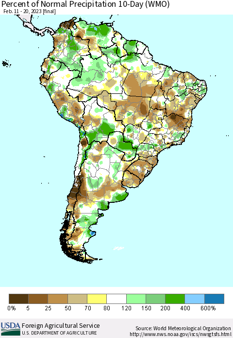 South America Percent of Normal Precipitation 10-Day (WMO) Thematic Map For 2/11/2023 - 2/20/2023