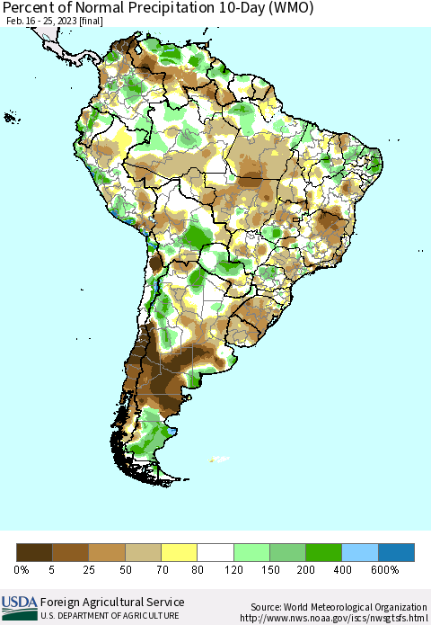 South America Percent of Normal Precipitation 10-Day (WMO) Thematic Map For 2/16/2023 - 2/25/2023