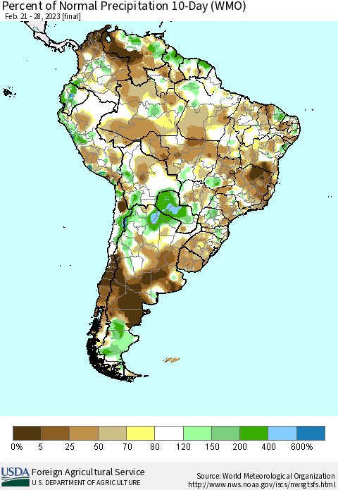 South America Percent of Normal Precipitation 10-Day (WMO) Thematic Map For 2/21/2023 - 2/28/2023