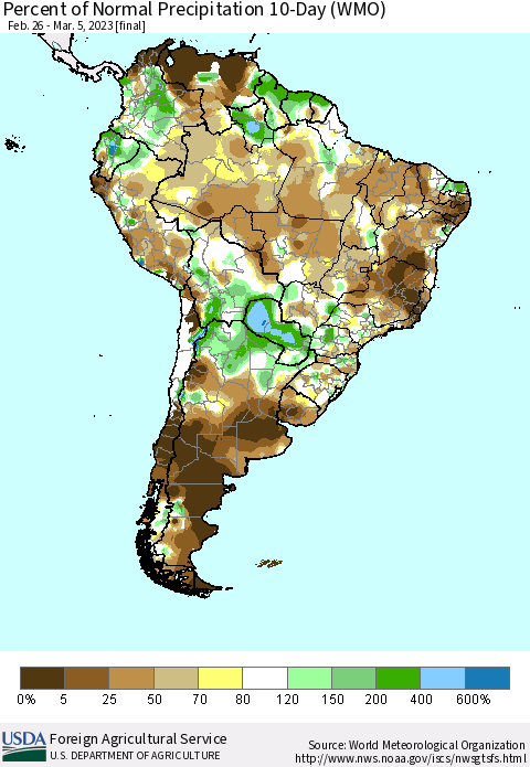 South America Percent of Normal Precipitation 10-Day (WMO) Thematic Map For 2/26/2023 - 3/5/2023