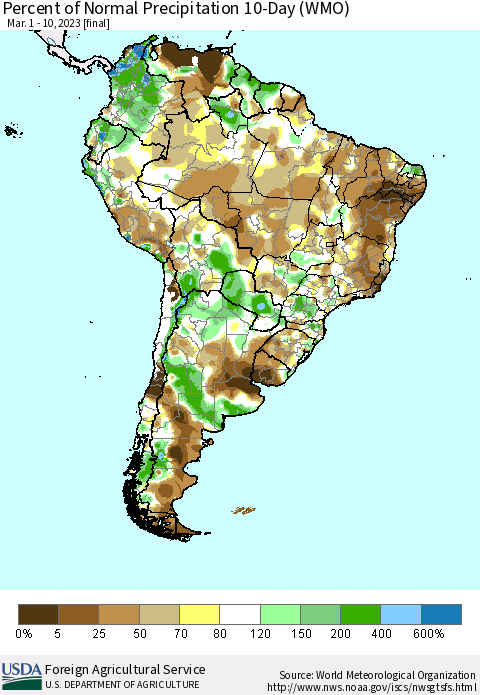 South America Percent of Normal Precipitation 10-Day (WMO) Thematic Map For 3/1/2023 - 3/10/2023