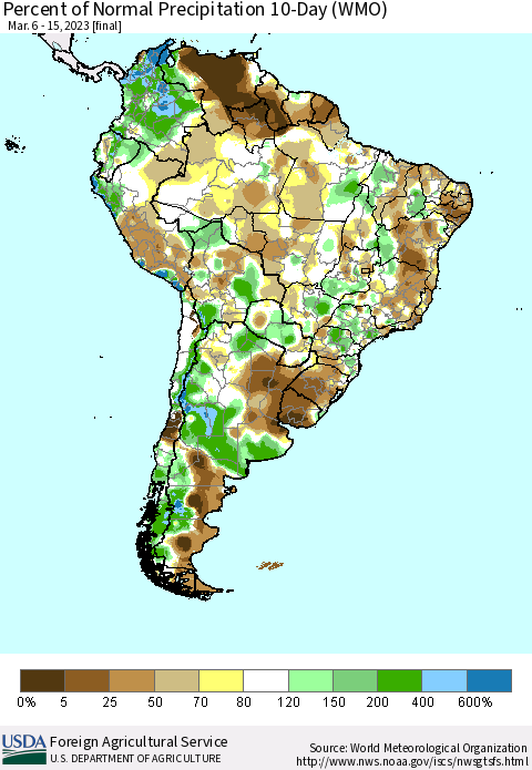 South America Percent of Normal Precipitation 10-Day (WMO) Thematic Map For 3/6/2023 - 3/15/2023