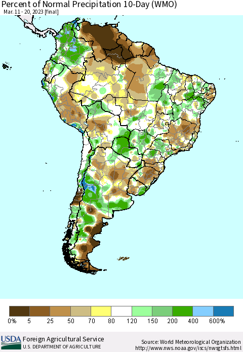 South America Percent of Normal Precipitation 10-Day (WMO) Thematic Map For 3/11/2023 - 3/20/2023