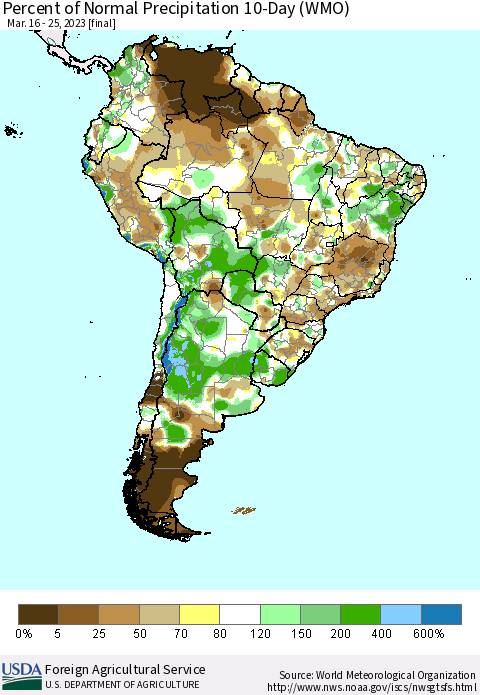 South America Percent of Normal Precipitation 10-Day (WMO) Thematic Map For 3/16/2023 - 3/25/2023