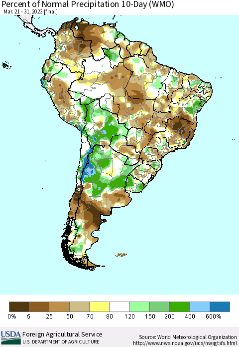 South America Percent of Normal Precipitation 10-Day (WMO) Thematic Map For 3/21/2023 - 3/31/2023