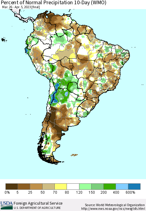 South America Percent of Normal Precipitation 10-Day (WMO) Thematic Map For 3/26/2023 - 4/5/2023